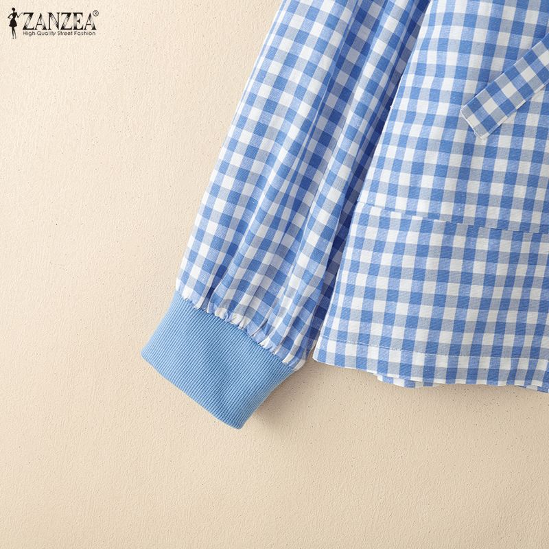 ZANZEA Женская повседневная блузка с круглым вырезом, длинным рукавом, клетчатым принтом и застежкой-молнией