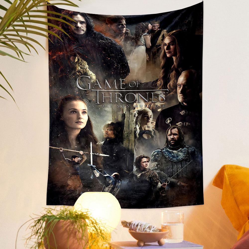 A collage of medieval-themed characters with dramatic lighting and text. Patterned tapestry for bedroom and living room home decor