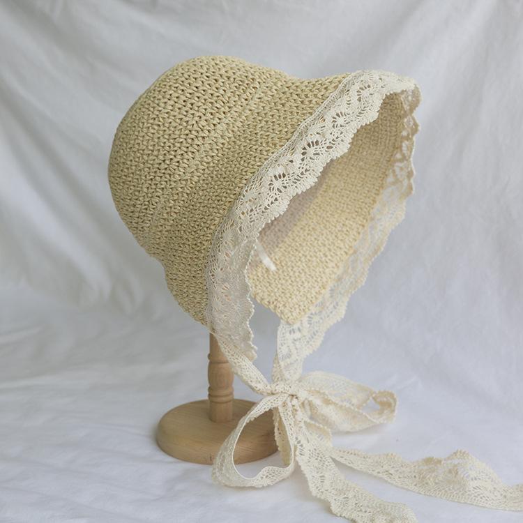Соломенная шляпа женская летняя кружевная завязка пляжная шляпа маленькая свежая морской отдых солнцезащитный козырек шляпа завязка