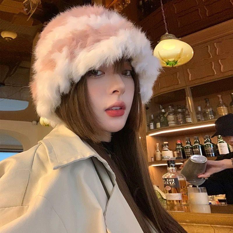 Женская шляпа-ведро набивная Осень Зима Heattech Защита от холода Большой обхват головы Самая простая в сочетании Шляпа из кроличьего меха