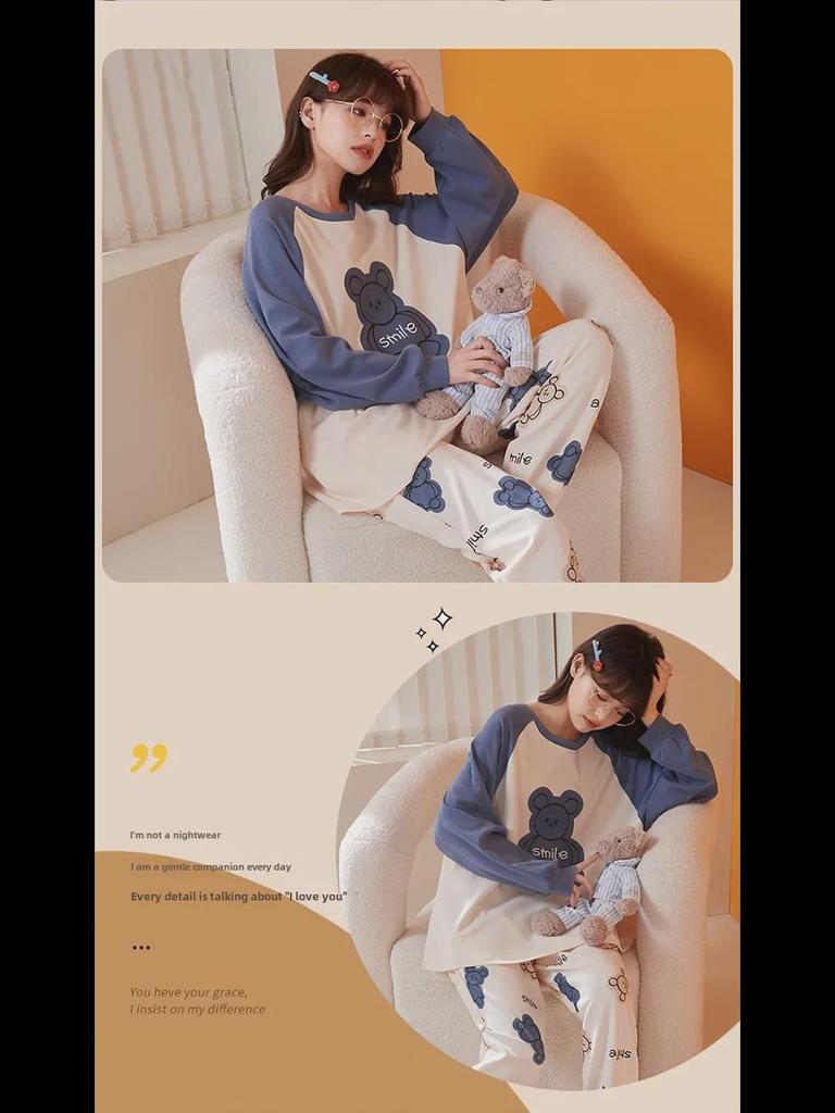 Женский пижамный комплект весна/осень: Длинный рукав, мультяшный дизайн, свободный крой, нагрудные накладки, подходит для использования в помещении и на улице.