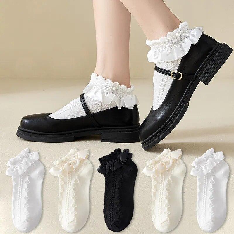 Lolita Style Japanese Kawaii Women Socks Cute Frilly Ruffle Socks Solid White Black Mesh Lace Girls Sweet Harajuku Short Socks