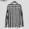 INCERUN Men Long Sleeve Lapel Neck Hollow Out Striped Print Casual Oversized Shirts Tops