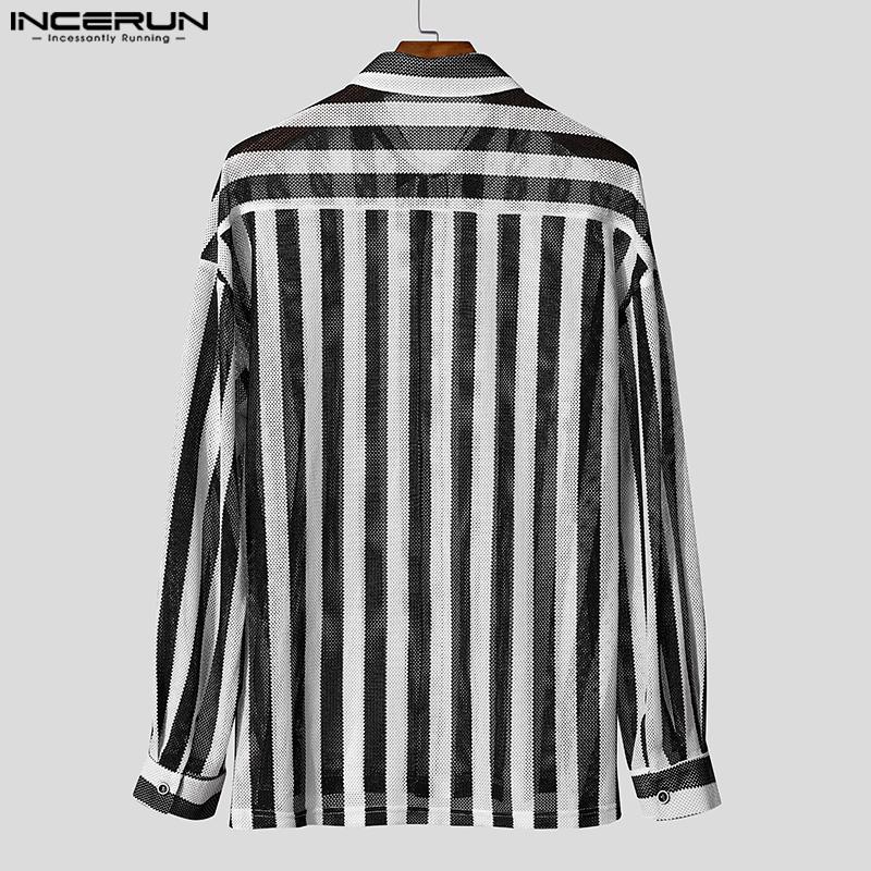 INCERUN Men Long Sleeve Lapel Neck Hollow Out Striped Print Casual Oversized Shirts Tops