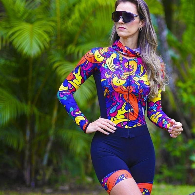 Womens Long Sleeve Triathlon Bodysuit Cycling Suit Gradient Color Quick Dry Sportswear Running