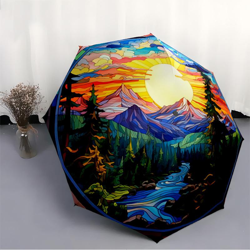 1pc Stained Glass Landscape Folding Umbrella, Durable, Suitable for Outdoor Activities or Rain, Suitable for Commuting yy251027137