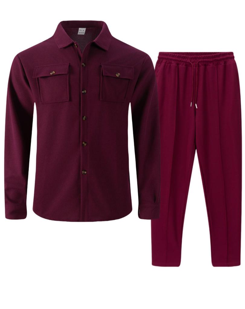 Осенний вафельный костюм-двойка: Кардиган с длинным рукавом и брюки с двойным карманом