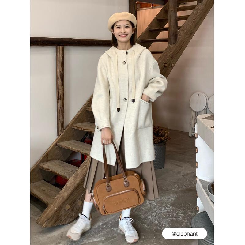 ELLE Женское длинное пальто с капюшоном из смесовой верблюжьей шерсти