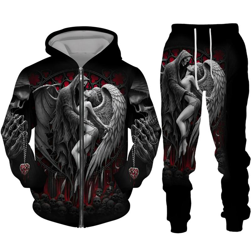 Cool Skull 3D Printed Black Zipper Hoodie Pants Suit Gothic Punk Style Men Women Tracksuit Set 2023 Halloween Streetwear Costume