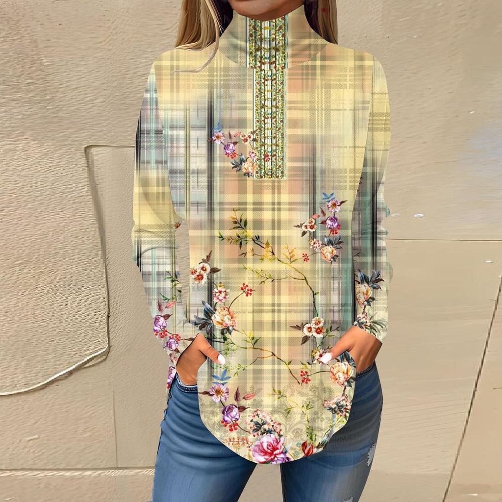 Women's Fashionable Casual High Neck Retro Printed Long Sleeve T-Shirt Pullover Top