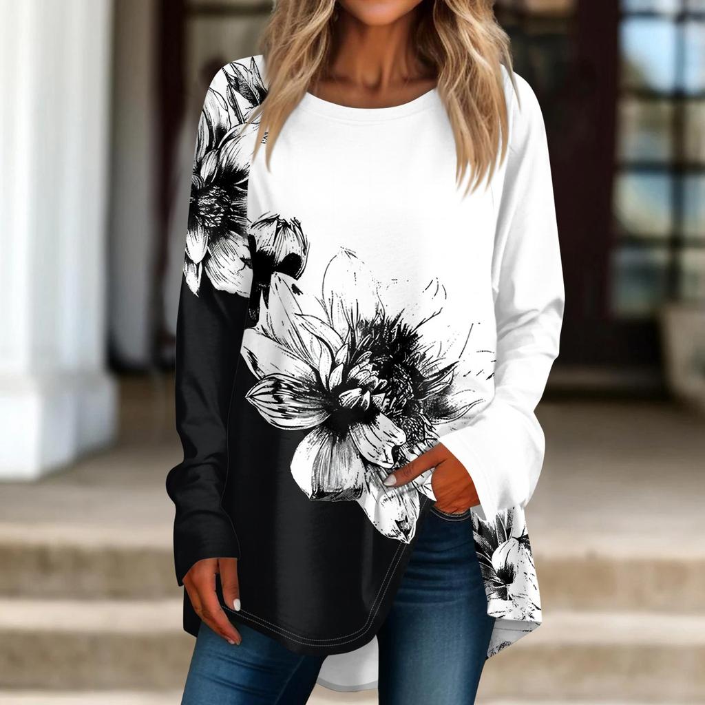 Women's Casual  Plus Size Long Sleeved Round Neck Printed T-shirt Top Pullover