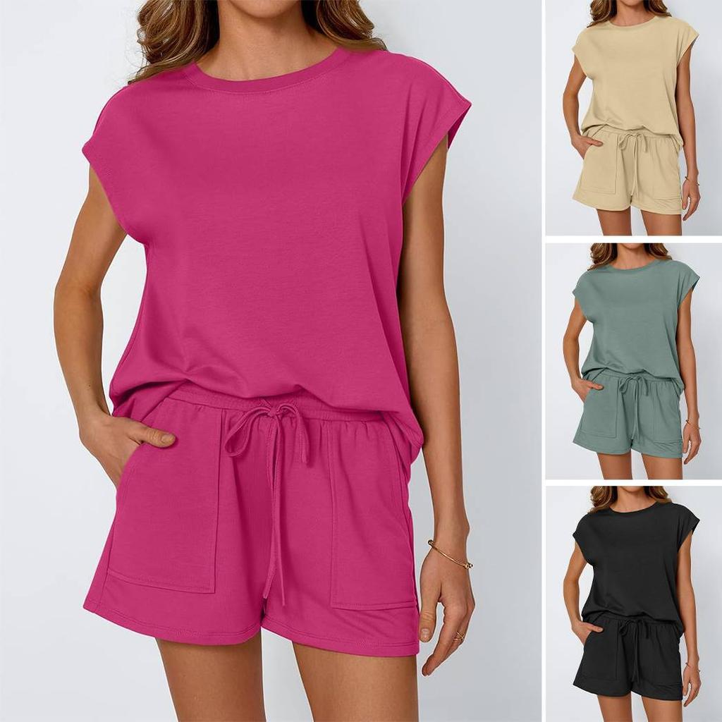 Women's Spring and Summer Solid Color Round Neck Loose Short Sleeved Shorts Two-piece Set