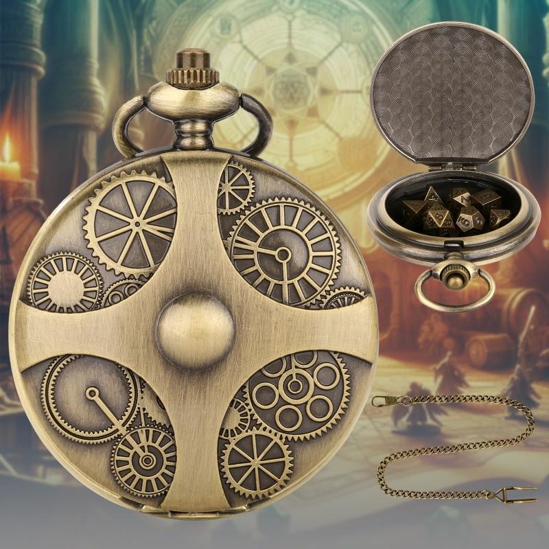 DND Dice Bronze Gear Pocket Watch Case Thick Waist Chain Bronze Dice Board Game