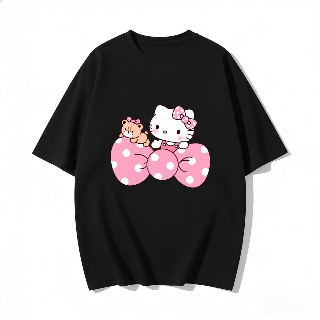 2026 New Arrival Kawaii Hello Kitty Pink Big Bow Bear Print Couple T Shirts Casual Family Matching Outfits Parentchild Tees Y2k