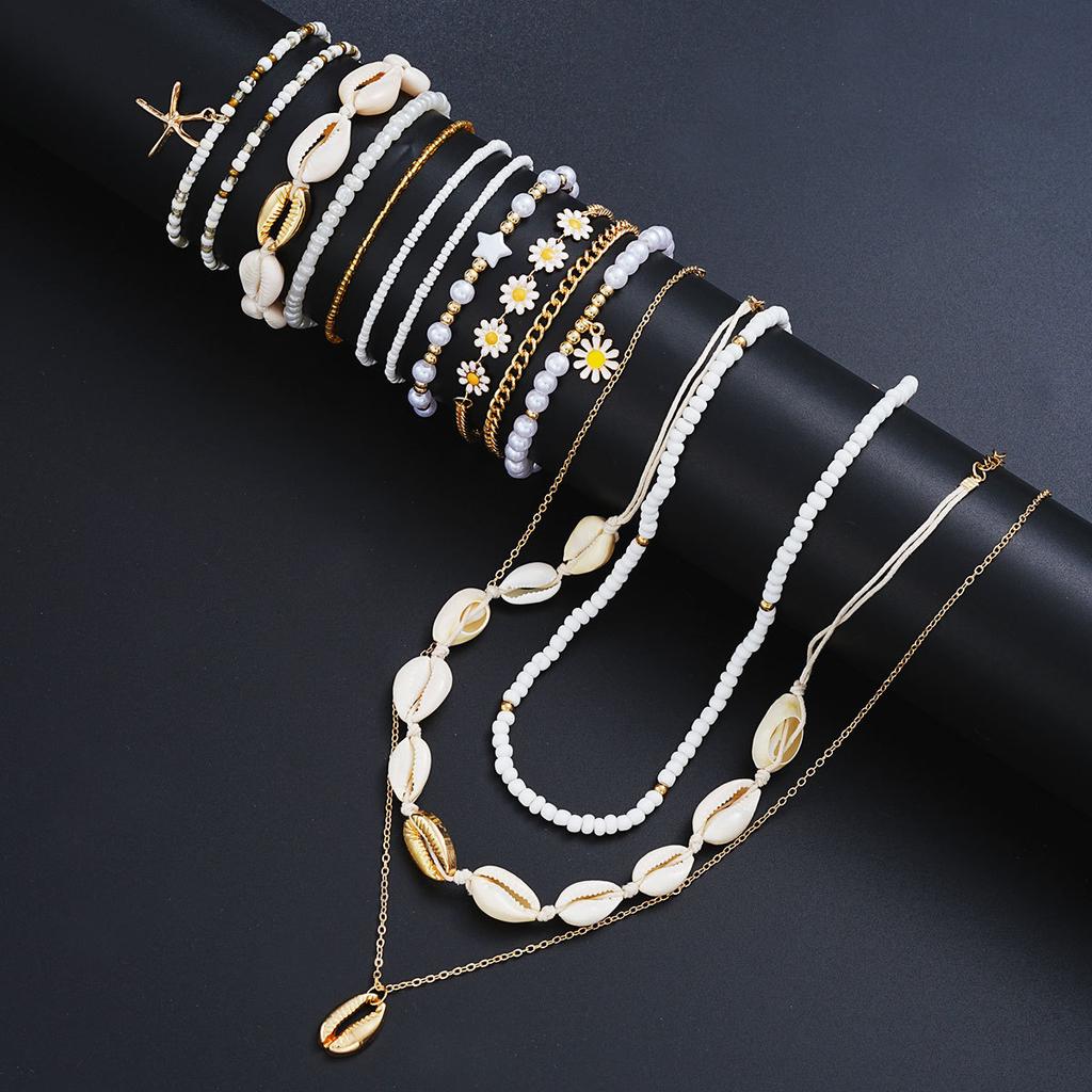 17KM Fashion Minimalist Bohemian Rice Bead Shell Starfish Multi-layered Anklet Necklace Star Daisy Bracelet Jewelry Set for Women