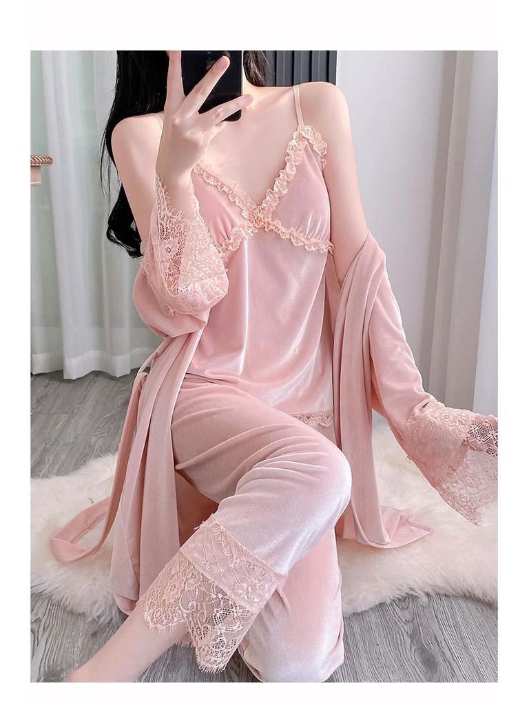 Golden Velvet Women's Winter Pajama Set: Korean Style with Lace, Chest Pads, Camisole & Long Pants - Girlish & Sweet Four-Piece Ensemble