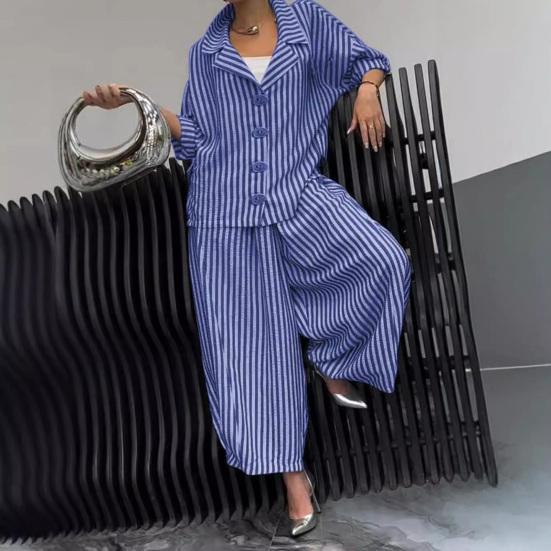Women's Casual Suit Long-Sleeved Shirt Top Wide-Leg Harem Pant 2-piece Set Autumn Lapel Striped Nine-Point Pant Female Outfit Suit