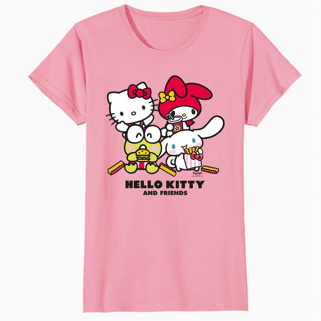 Hello Kitty And Friends Fast Food T-Shirt My Melody Keroppi Cinnamoroll Graphic Tee Women