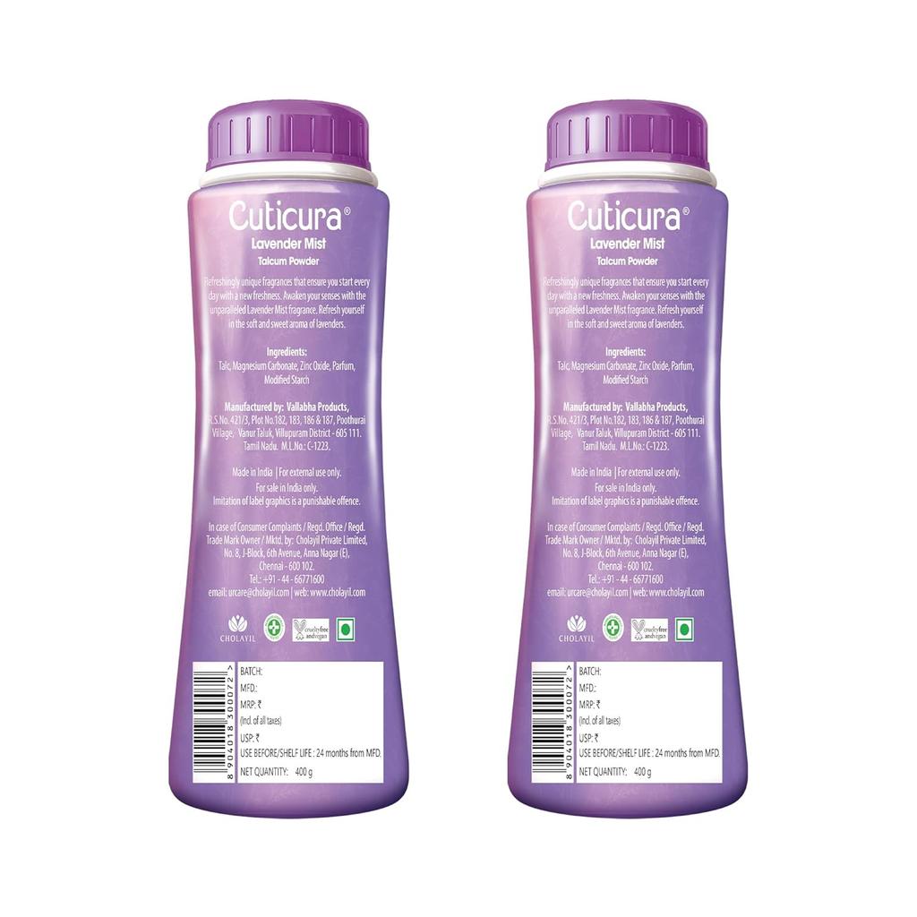 Присыпка Cuticura Lavender Mist с солнцезащитным фактором для мягкой кожи, свежий аромат, 400 г каждый, упаковка из 2 штук для длительного комфорта