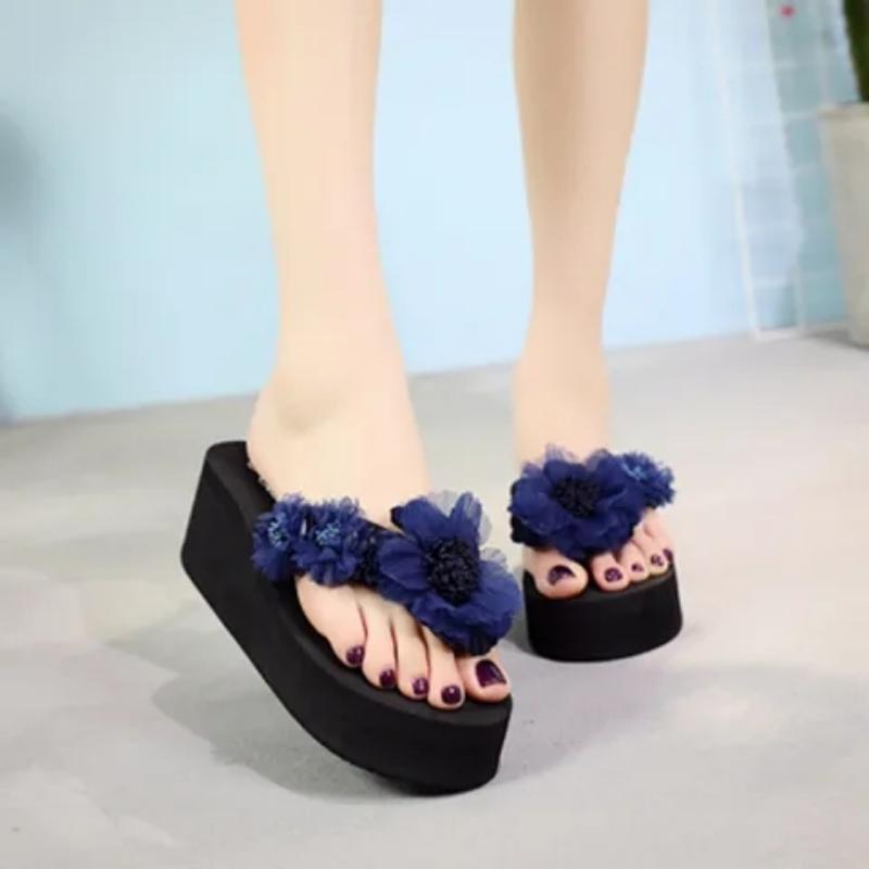 Flower Slope Heel Flip-flops Thick Soled High Heeled Slippers Women Beach Anti-skid Slippers Fashion Lightweight Comfortable Simple Casual