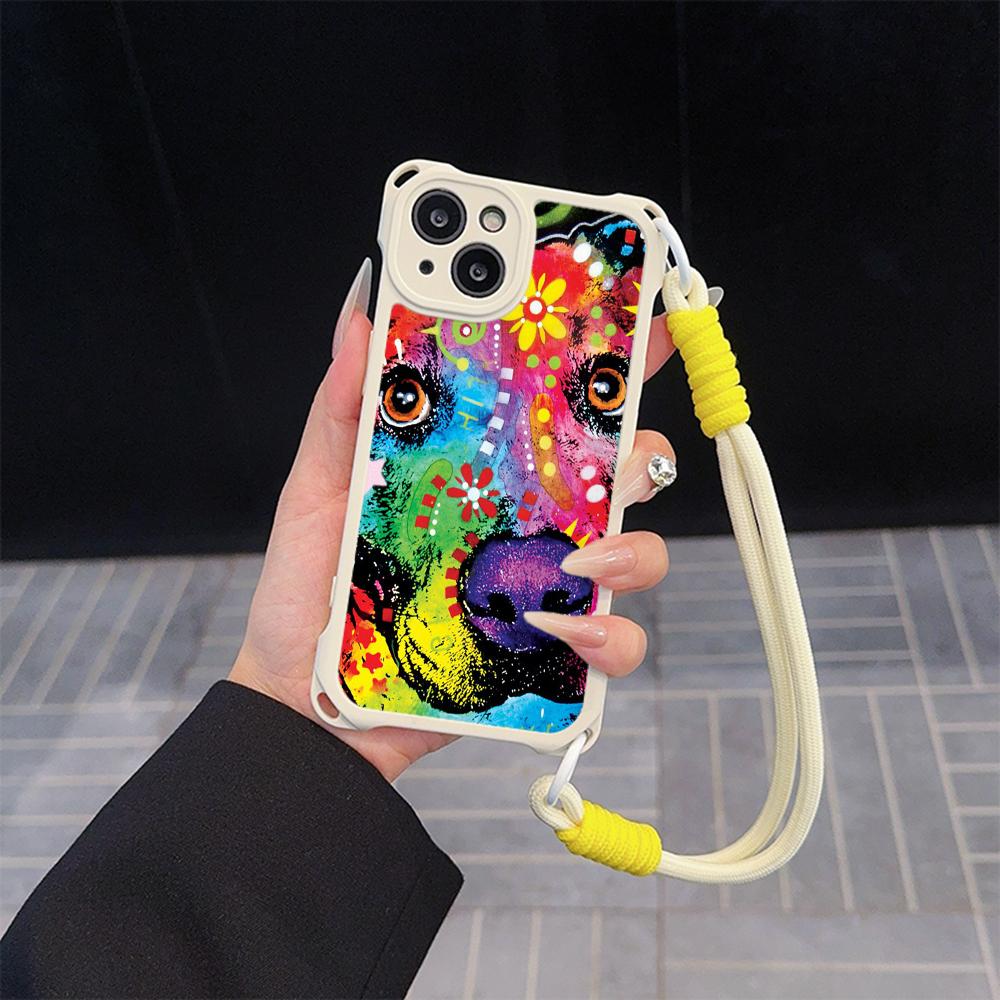 Чехлы для телефонов Ae76 Dog Color Doodle Design Soft для iPhone 16 15 14 13 12 11 Pro Max 8 Plus XR с ремешком на запястье, защитным шнурком для углов, задняя крышка
