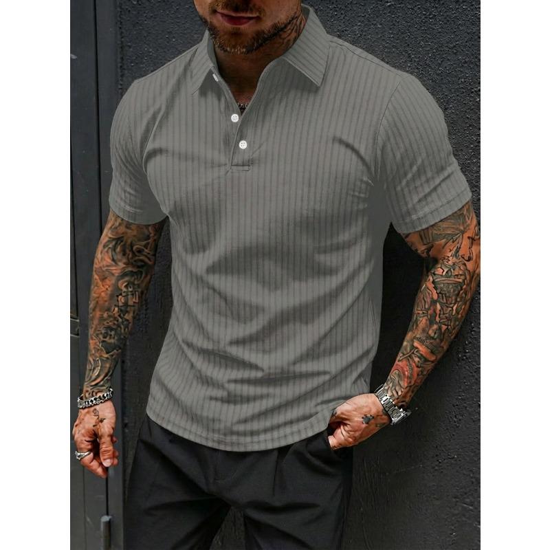 Men Summer Casual Sports Breathable Elastic Vertical Stripe Short Sleeve Polo Shirt