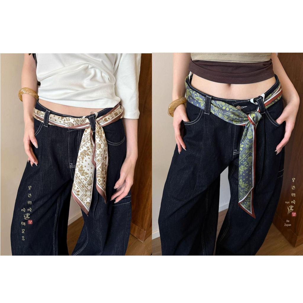 Cashmere Floral Silk Scarf: Women's Summer Thin Retro Ribbon, Neck Tie & Waist Accessory