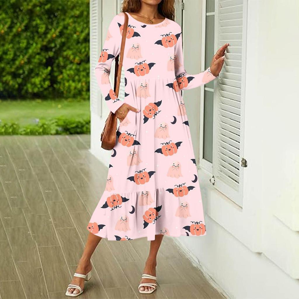 Женское повседневное платье с принтом на Хэллоуин, весна-осень, карман, круглый вырез, длинные рукава, платья