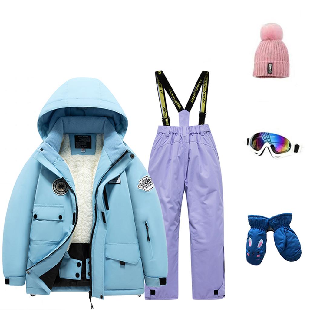 Детский модный лыжный комплект для мальчиков и девочек, утепленный, водонепроницаемый, термобелье, костюм из пяти предметов с курткой и брюками