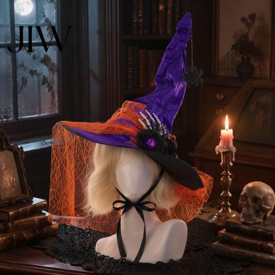 Dark Magician Cosplay Headwear Halloween Witch Hat for Women, Gothic Spider Web Mesh Skeleton Hand Costume Accessories Rose Flower Wizard