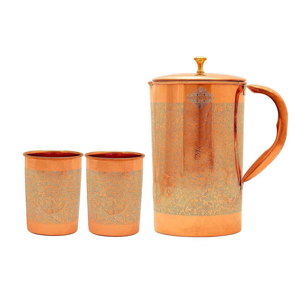 Pure Copper Drinkware Gift Set of 1 Jug & 2 Glass with Gift Box & Embossed Design,