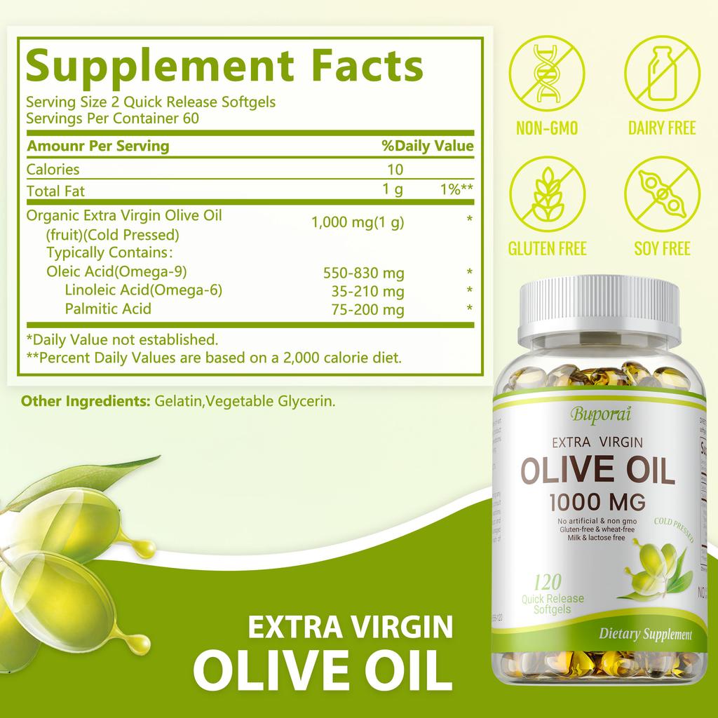 Extra Virgin Olive Oil Capsules, 1000mg, natural plant-based nutrition, immune support, suitable for adults.