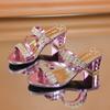 Весна/лето Новые женские босоножки со стразами и круглым носком, широкой посадкой, на среднем каблуке - Мягкий комфорт, повседневный пляжный стиль и блестящий прочный дизайн