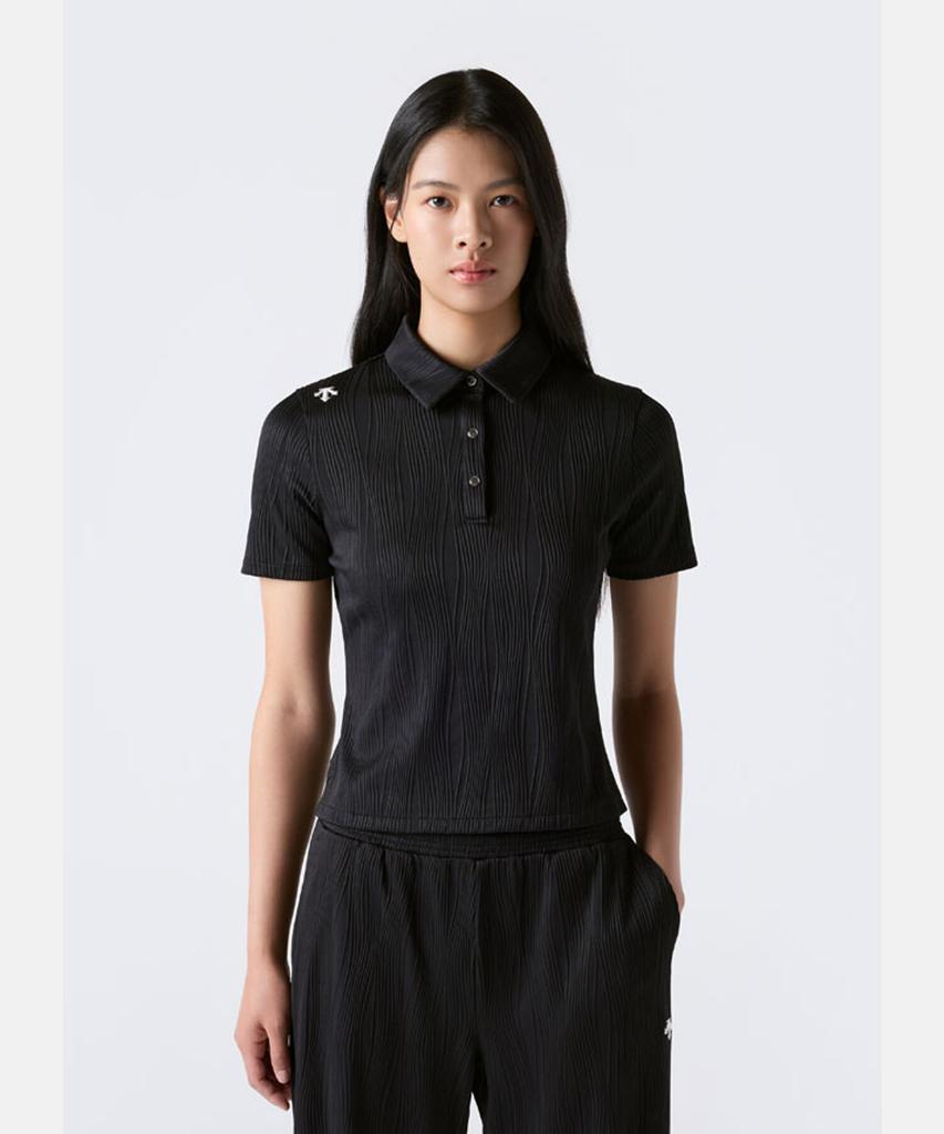 DESCENTE Women'S Ribbed Slim Fit Polo Short Sleeve T-Shirt Black Sr322Pps71