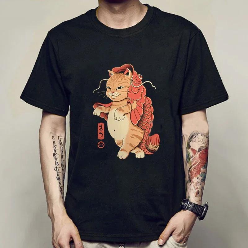Новая модная летняя мужская футболка, повседневная футболка с коротким рукавом и принтом самурая и кота, аниме-футболка для мужчин и женщин, японские топы Neko Sushi Wave