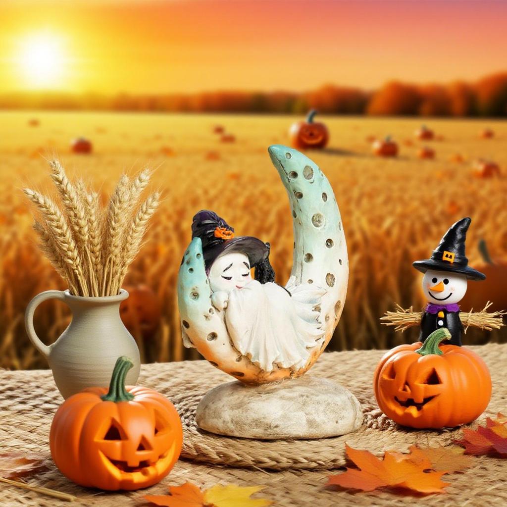 Creative mermaid moon little ghost Figurines with Witch Hat Halloween resin craft Home Decor living room decoration for Holiday