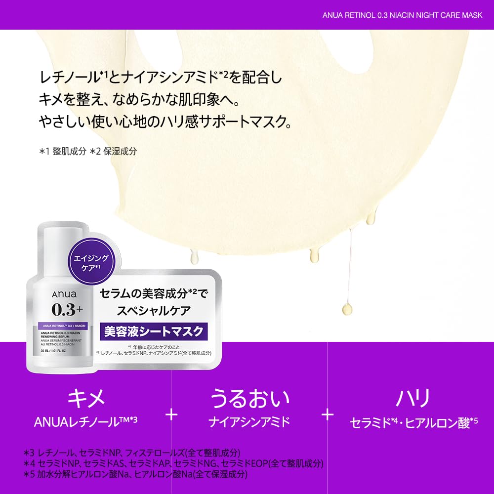 ANUA Ретинол Ниацин Ночная маска-пленка для пор и комбинированной кожи Ретинол Ежедневный уход за лицом 0.3 (7 листов) Улучшение, Увлажнение, Кожа. Маска,
