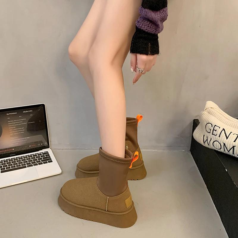 Женские платформенные балетки Зимние сапоги Мех Теплые хлопковые туфли Замшевые ботильоны Зимние плюшевые Женские 2025 Тренд Бренд Кожа Готические Ботинки Женские