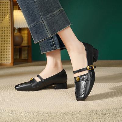 Мягкая кожа ретро одинарная обувь женская толстый каблук одинарная застежка с туфлями Мэри Джейн повседневная одинарная обувь камелия черный рабочая обувь