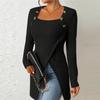 Women's Fashion Casual Long Sleeve Solid Colour Square Neck T-Shirt Button Decoration Irregular Hem Top