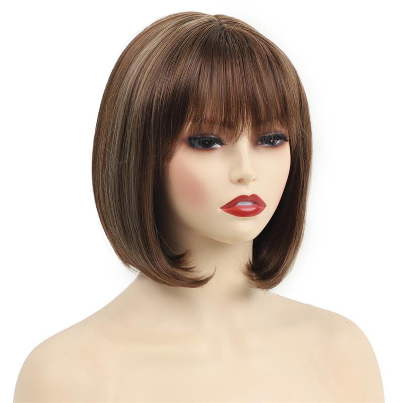 Synthetic Mix Brown Bob Wig Short Wig for Women Natural Style Soft Hair with Bangs Cosplay Halloween Party Heat Resistant Fiber