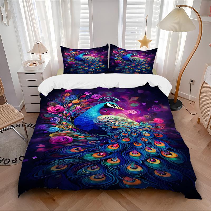 3pcs Peacock Feather Duvet Cover Set -Includes 1 Duvet Cover and 2 Pillowcases, No Quilt Core, All-Season Home Decor yy251111192