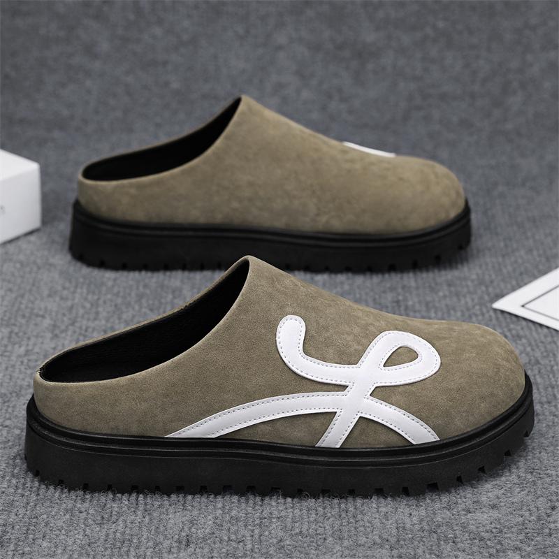 Summer New Men Half Dragged Leather Shoes PU Net Red Envelope Headless Half Dragged Leather Shoes Size 38-44 Men Slippers