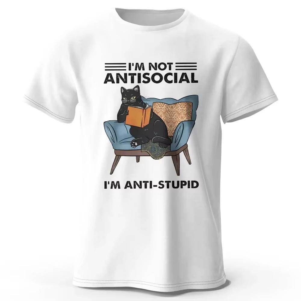 Summer Men's I Am Not Anti Social Printed T-Shirt Cotton Oversized Funny Cat Graphic Tees for Men Women Tops