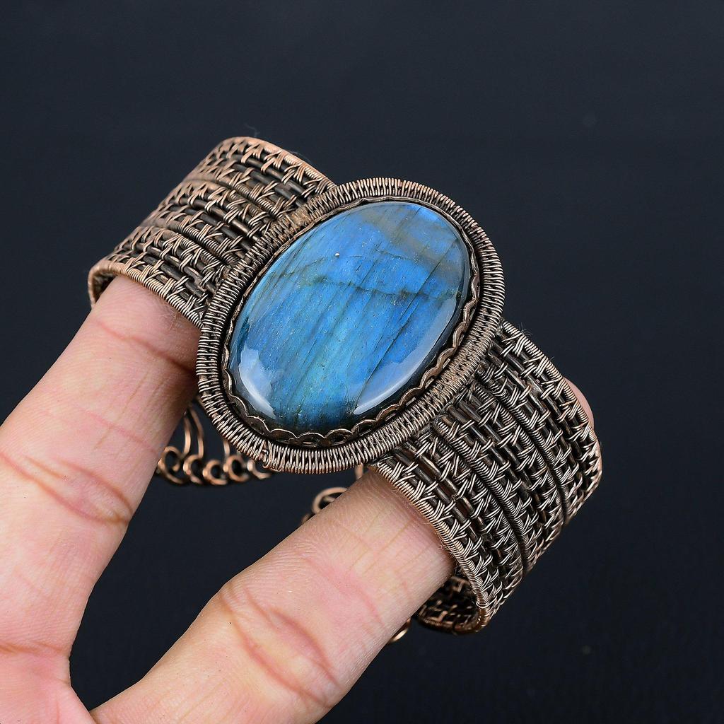 Лабрадорит, драгоценный камень, чистая медная проволока, завернутая в манжеты/браслет ручной работы, регулируемые ювелирные изделия