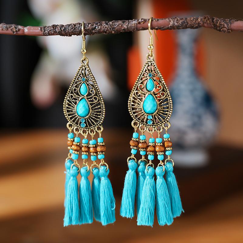 Fashion Bohemian Big Waterdrop Geometric Hollow Tassel Earrings For Women Wooden Beads Handmade Boho Female Wedding Drop Jewelry