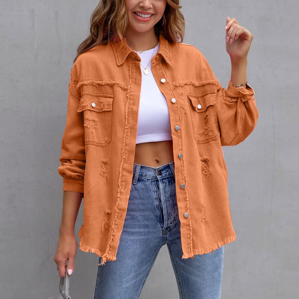 Женская джинсовая куртка, рубашки на пуговицах, потертое пальто с карманами