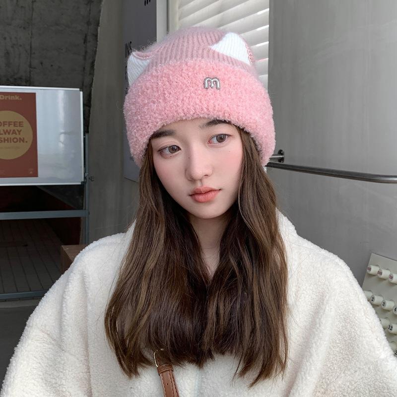 Милая шапка-кошка, женская теплая вязаная шапка, универсальная зимняя шерстяная шапка с изображением лица, маленькая японская холодная шапка