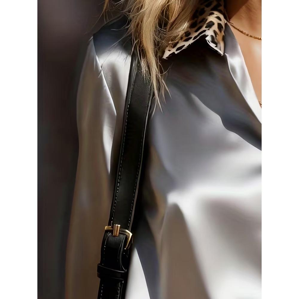 New Arrival: Women’s Long-Sleeved Satin Shirt in Leopard Print with Colour-Blocking and A Retro Style