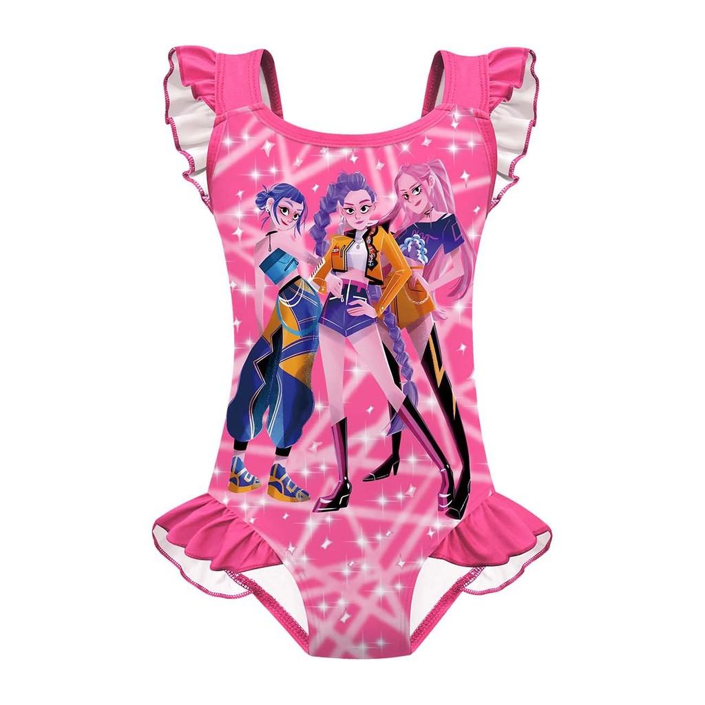 Детский Девочки Аниме Мультфильм K-POP Руми Зои Мира Принт Волан Без рукавов Слитный Купальник Купальный костюм